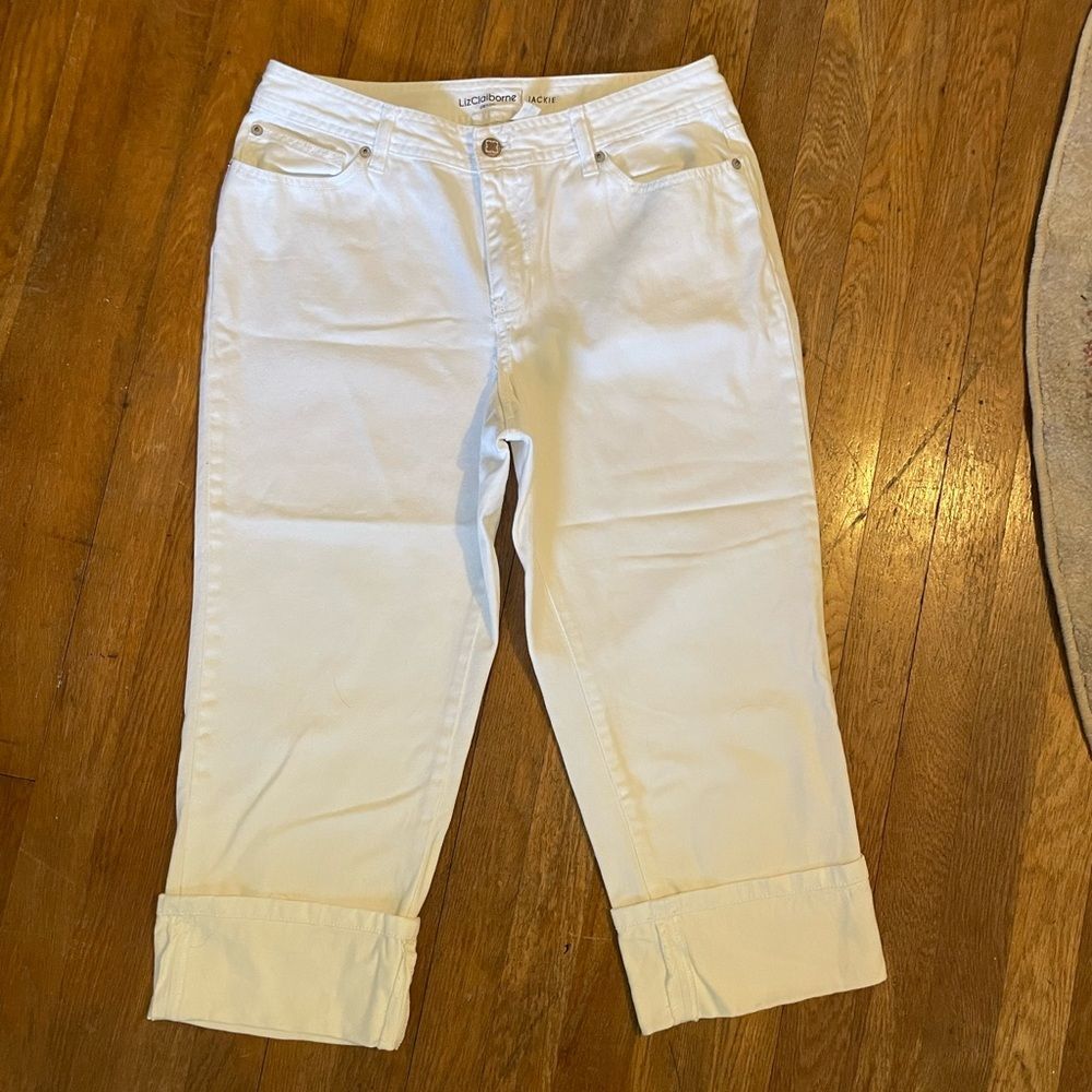 Liz Claiborne Denim Jackie Cotton Cuffed White Jeans Womens Size 10